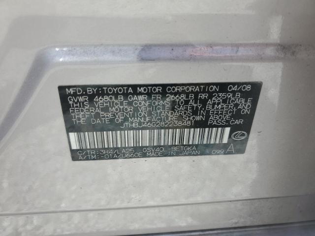 JTHBJ46G282238481 - 2008 LEXUS ES 350 SILVER photo 12