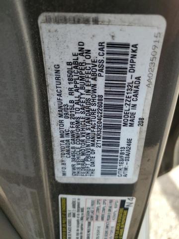 2T1KR32E04C226088 - 2004 TOYOTA COROLLA MA XR GRAY photo 12