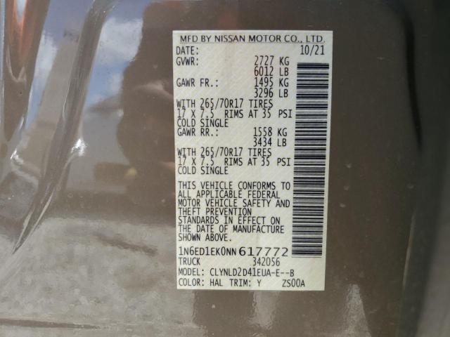 1N6ED1EK0NN617772 - 2022 NISSAN FRONTIER S BROWN photo 12