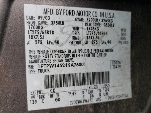 1FTPW14524KA76001 - 2004 FORD F150 SUPERCREW GRAY photo 12