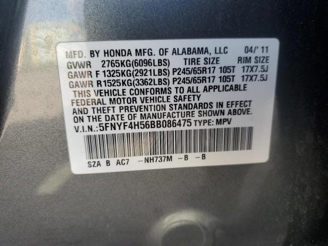 5FNYF4H56BB086475 - 2011 HONDA PILOT EXL GRAY photo 13