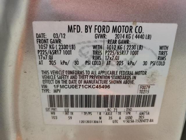 1FMCU0E71CKC45496 - 2012 FORD ESCAPE LIMITED SILVER photo 12