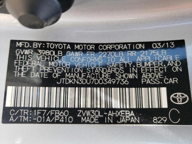 JTDKN3DU7D0349736 - 2013 TOYOTA PRIUS SILVER photo 12