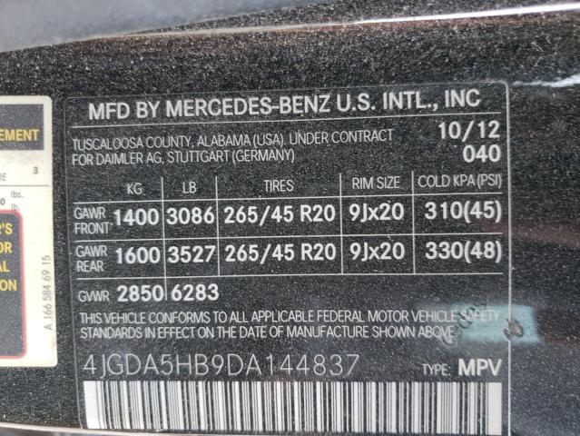 4JGDA5HB9DA144837 - 2013 MERCEDES-BENZ ML 350 4MATIC BLACK photo 13