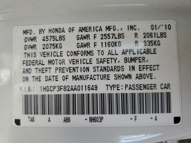 1HGCP3F82AA011649 - 2010 HONDA ACCORD EXL WHITE photo 12