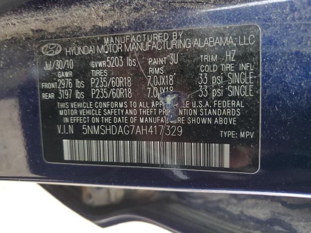 5NMSHDAG7AH417329 - 2010 HYUNDAI SANTA FE SE BLUE photo 13