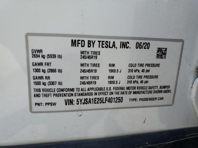 5YJSA1E25LF401250 - 2020 TESLA MODEL S თეთრი ფოტო 12