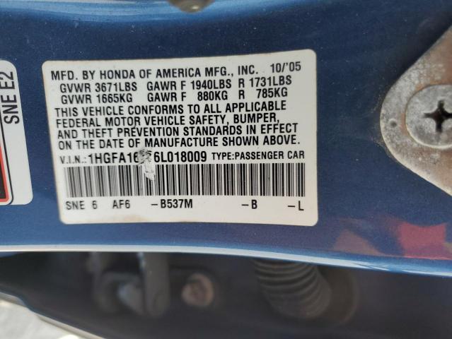 1HGFA16566L018009 - 2006 HONDA CIVIC LX BLUE photo 12