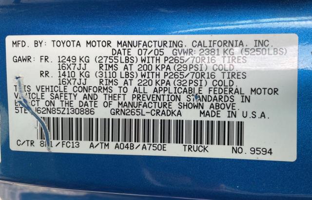 5TETU62N85Z130886 - 2005 TOYOTA TACOMA PRERUNNER ACCESS CAB BLUE photo 10