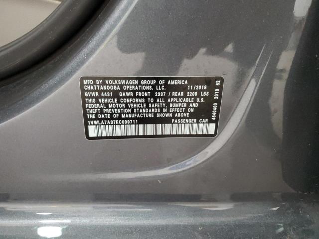 1VWLA7A37KC009711 - 2019 VOLKSWAGEN PASSAT WOLFSBURG 灰色 照片 12