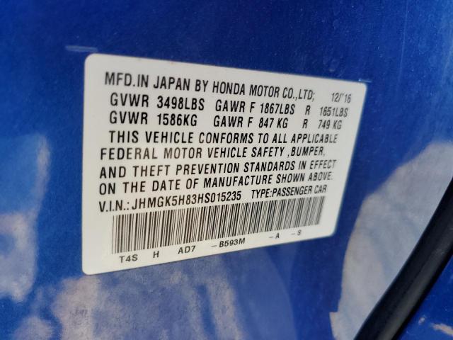 JHMGK5H83HS015235 - 2017 HONDA FIT EX BLUE photo 12