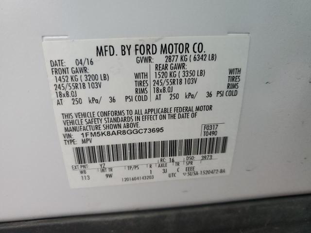 1FM5K8AR8GGC73695 - 2016 FORD EXPLORER POLICE INTERCEPTOR أبيض صورة 12