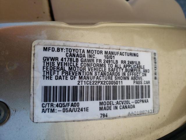 2T1CE22PX2C005011 - 2002 TOYOTA CAMRY SOLA SE GOLD photo 12