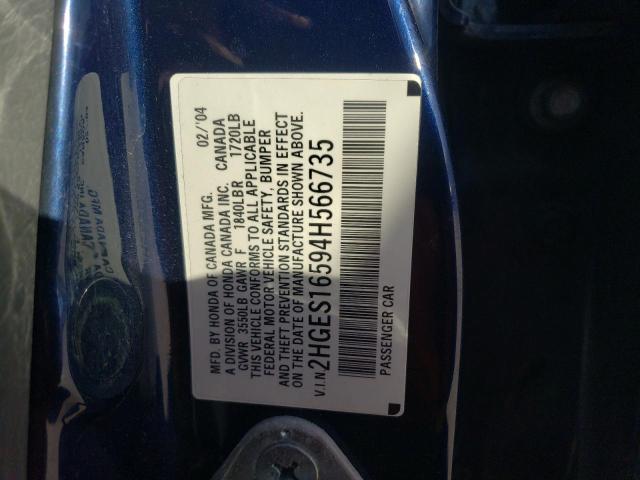 2HGES16594H566735 - 2004 HONDA CIVIC LX BLUE photo 12