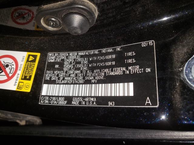 5TDJKRFH2FS142887 - 2015 TOYOTA HIGHLANDER XLE BLACK photo 10