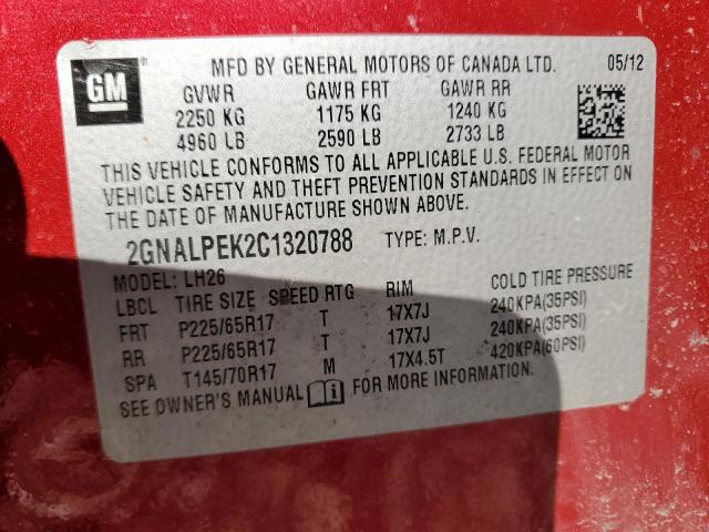 2GNALPEK2C1320788 - 2012 CHEVROLET EQUINOX LT RED photo 13