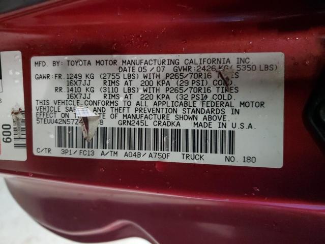 5TEUU42N57Z431658 - 2007 TOYOTA TACOMA ACCESS CAB RED photo 12