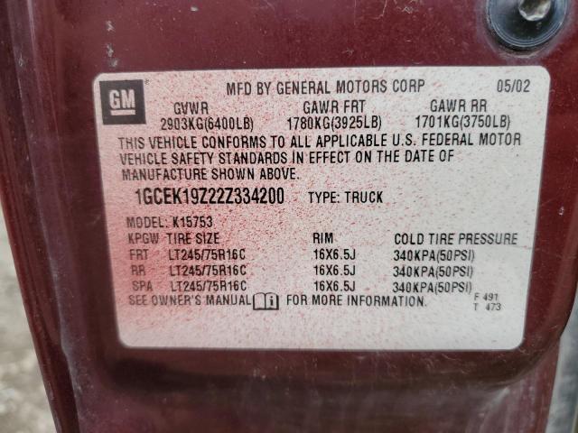 1GCEK19Z22Z334200 - 2002 CHEVROLET SILVERADO K1500 MAROON photo 12