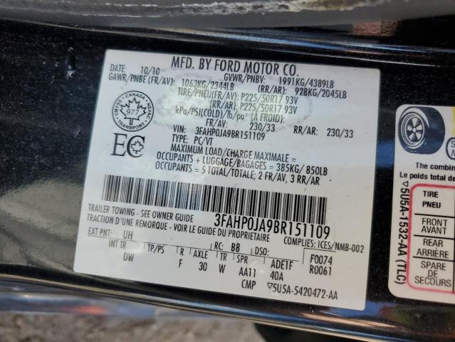 3FAHP0JA9BR151109 - 2011 FORD FUSION SEL BLACK photo 12