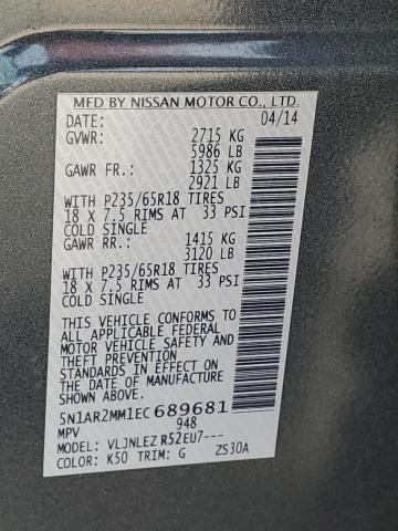 5N1AR2MM1EC689681 - 2014 NISSAN PATHFINDER S GRAY photo 13
