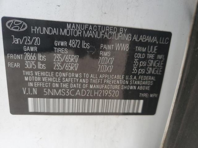 5NMS3CAD2LH219520 - 2020 HYUNDAI SANTA FE SEL WHITE photo 13