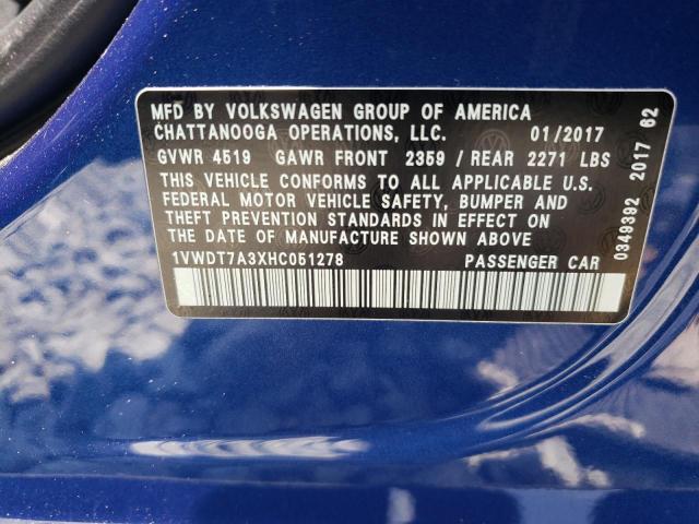 1VWDT7A3XHC051278 - 2017 VOLKSWAGEN PASSAT R-LINE Կապույտ լուսանկար 12