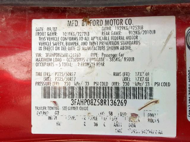 3FAHP08Z58R136269 - 2008 FORD FUSION SEL  photo 10