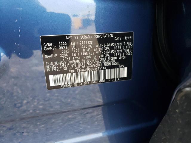 4S4WMARD8N3415143 - 2022 SUBARU ASCENT TOURING BLUE photo 12