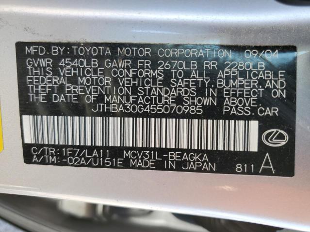 JTHBA30G455070985 - 2005 LEXUS ES 330 SILVER photo 12