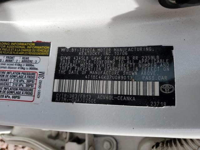 4T1BE46K07U089013 - 2007 TOYOTA CAMRY CE WHITE photo 12