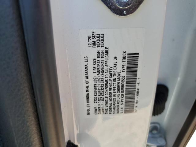 5FPYK3F18MB000552 - 2021 HONDA RIDGELINE SPORT WHITE photo 12