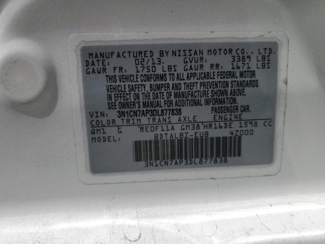 3N1CN7AP3DL877838 - 2013 NISSAN VERSA S WHITE photo 12