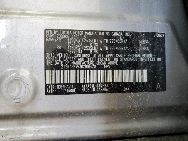 2T3P1RFV4NC306478 - 2022 TOYOTA RAV4 XLE SILVER photo 12