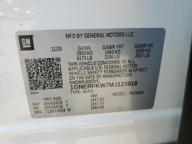 1GNERFKW7MJ123818 - 2021 CHEVROLET TRAVERSE LS WHITE photo 13