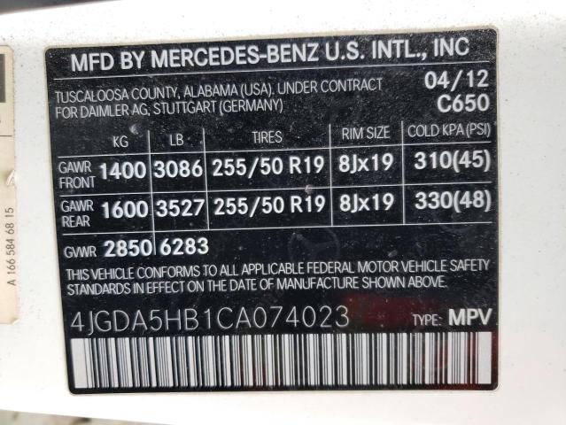 4JGDA5HB1CA074023 - 2012 MERCEDES-BENZ ML 350 4MATIC WHITE photo 12
