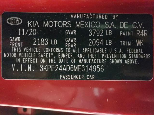 3KPF24AD6ME314956 - 2021 KIA FORTE FE RED photo 13