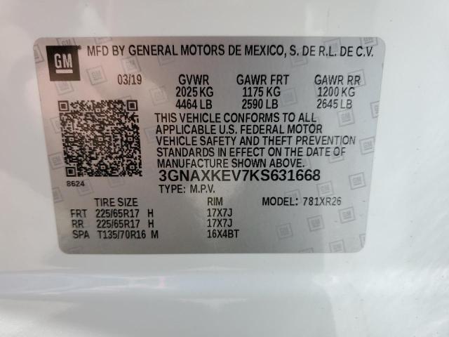 3GNAXKEV7KS631668 - 2019 CHEVROLET EQUINOX LT WHITE photo 13