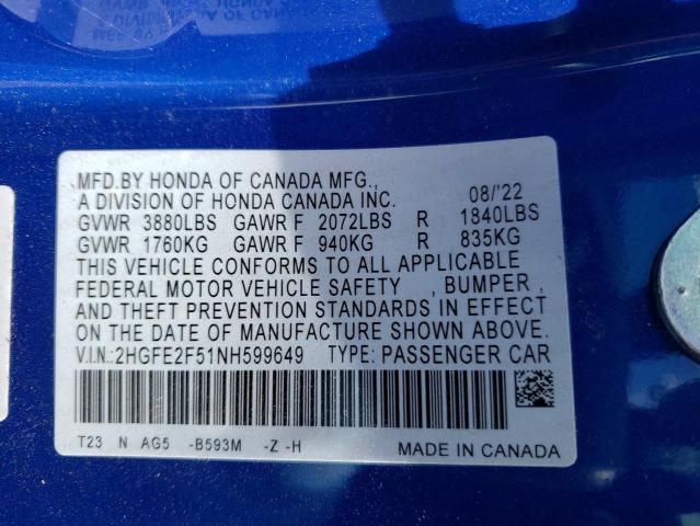 2HGFE2F51NH599649 - 2022 HONDA CIVIC SPORT 蓝色 照片 13