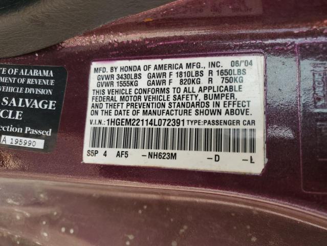 1HGEM22114L072391 - 2004 HONDA CIVIC DX VP BURGUNDY photo 12