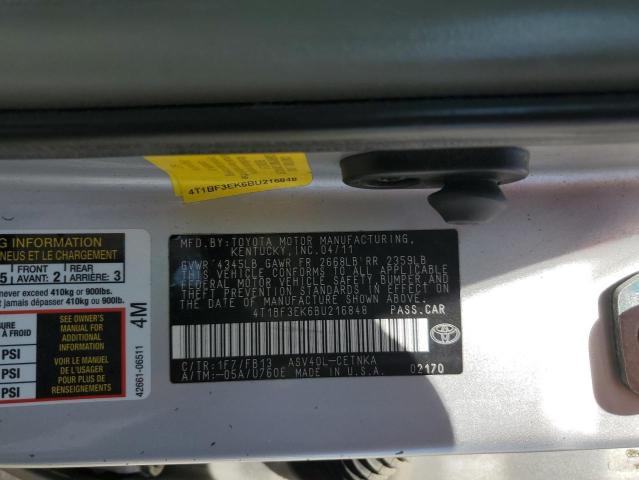 4T1BF3EK6BU216848 - 2011 TOYOTA CAMRY BASE SILVER photo 12