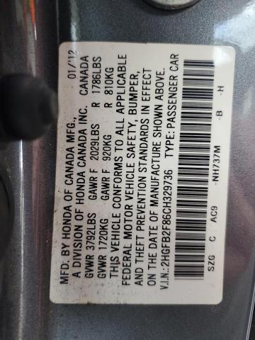 2HGFB2F86CH329736 - 2012 HONDA CIVIC EX Boz foto 12