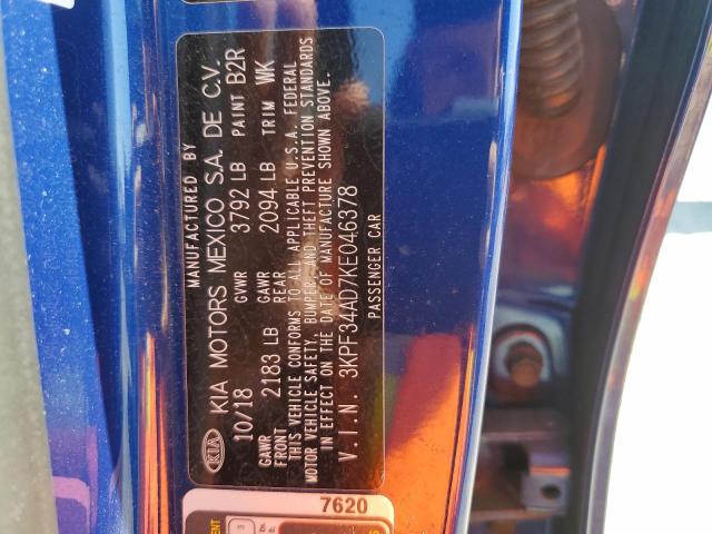 3KPF34AD7KE046378 - 2019 KIA FORTE GT LINE BLUE photo 12