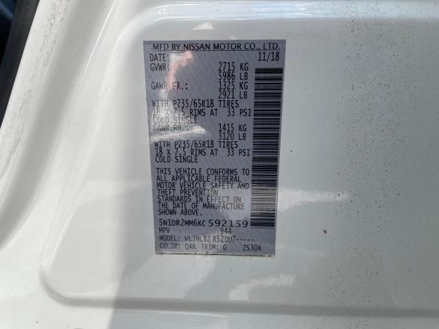 5N1DR2MM6KC592159 - 2019 NISSAN PATHFINDER S 白色 照片 10