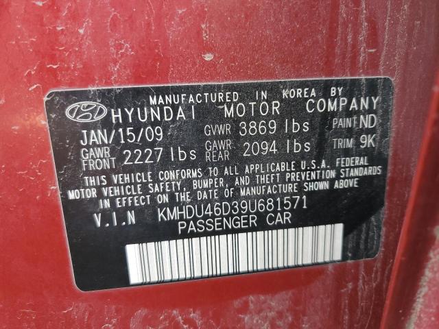 KMHDU46D39U681571 - 2009 HYUNDAI ELANTRA GLS RED photo 12