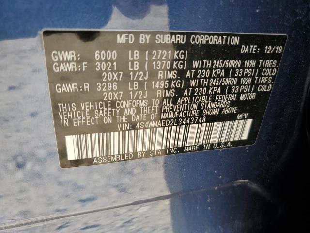 4S4WMAED2L3443748 - 2020 SUBARU ASCENT PREMIUM BLUE photo 12