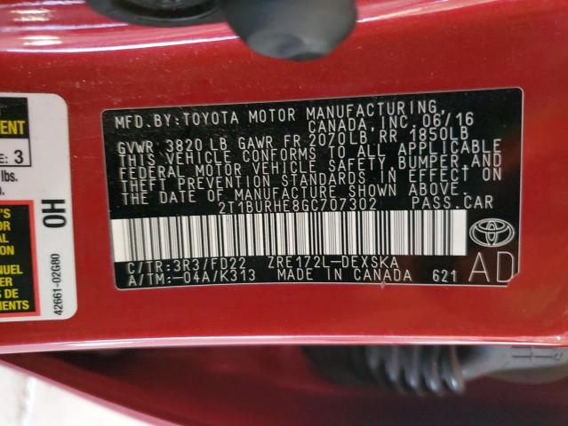 2T1BURHE8GC707302 - 2016 TOYOTA COROLLA L RED photo 12