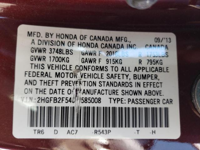 2HGFB2F54DH585008 - 2013 HONDA CIVIC LX MAROON photo 12