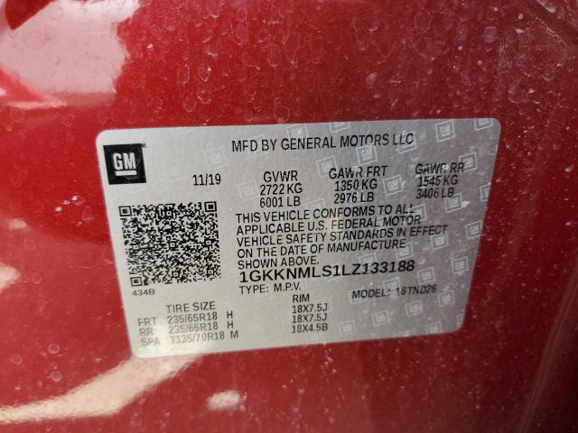 1GKKNMLS1LZ133188 - 2020 GMC ACADIA SLT RED photo 13