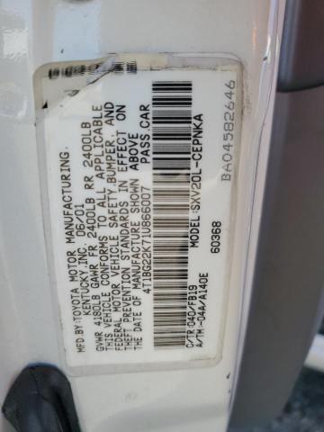 4T1BG22K71U866007 - 2001 TOYOTA CAMRY CE WHITE photo 12