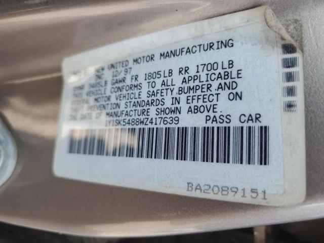 1Y1SK5488WZ417639 - 1998 CHEVROLET GEO PRIZM BASE BEIGE photo 12